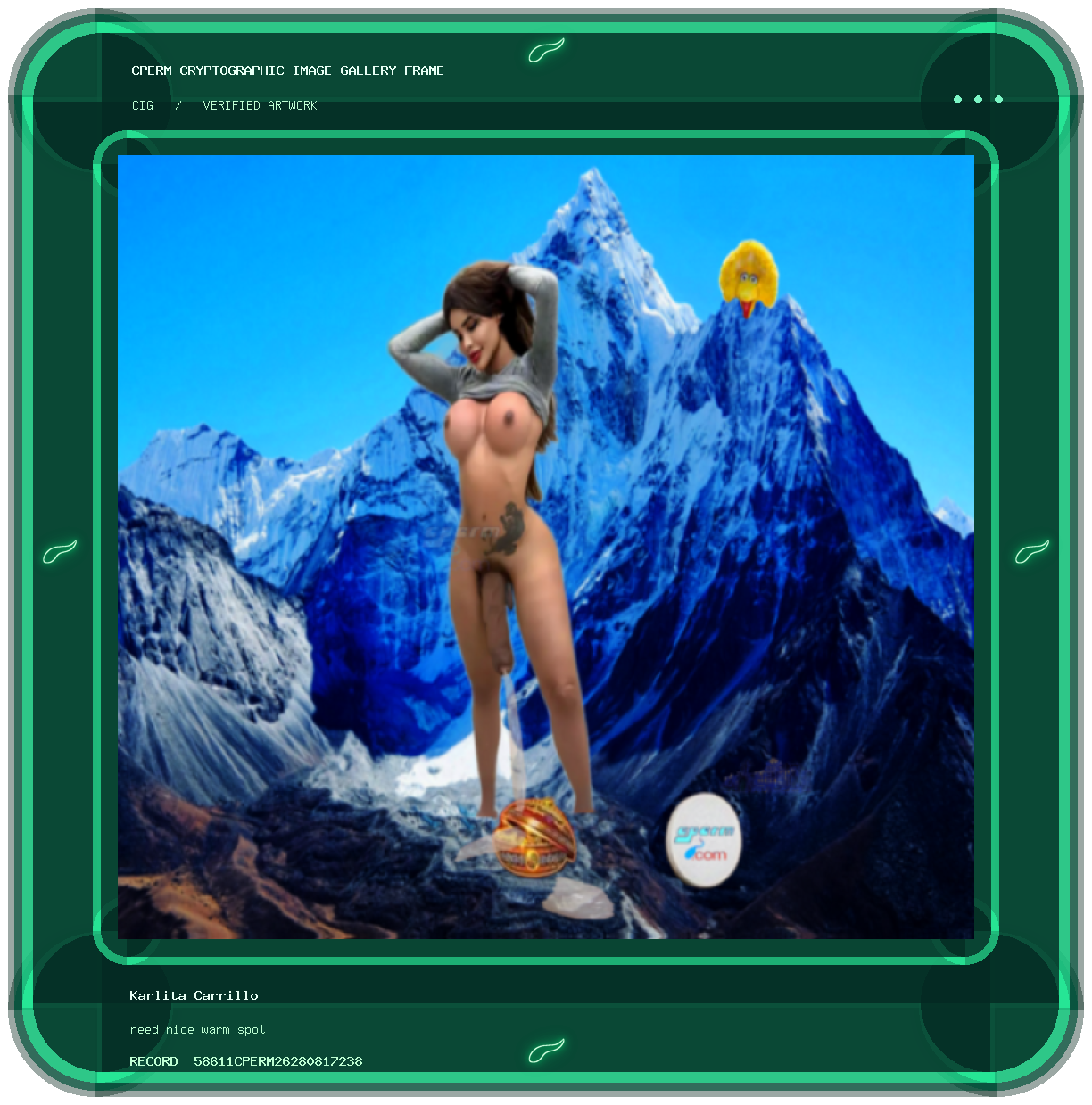 Karlita Carrillo — need nice warm spot framed cryptographic artwork