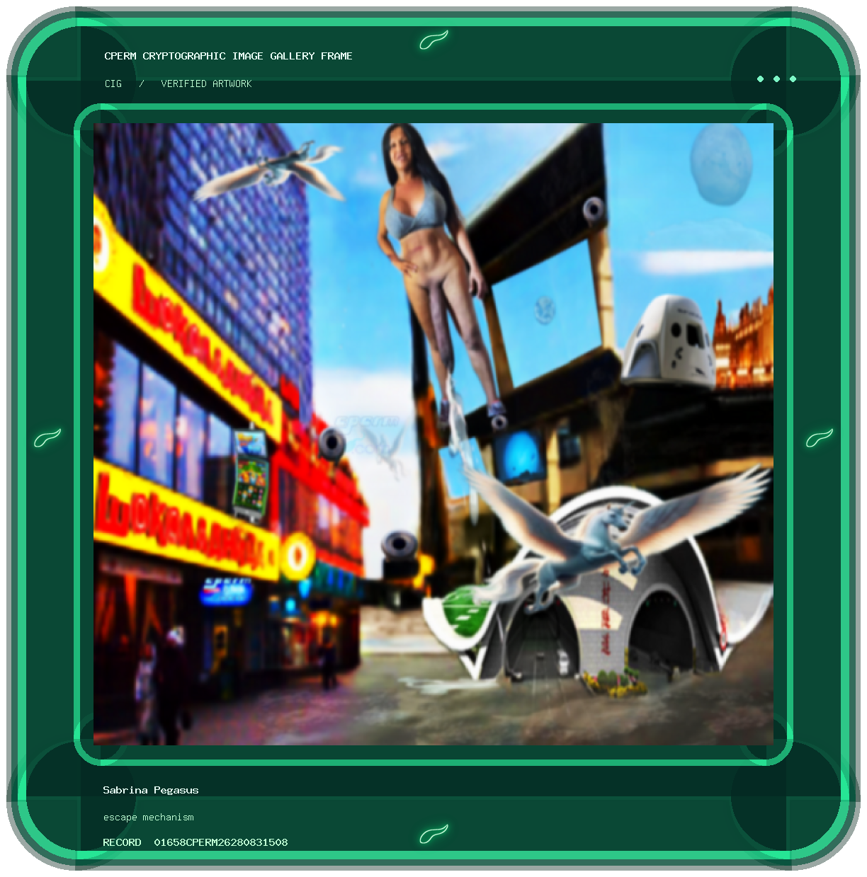 Sabrina Pegasus — escape mechanism framed cryptographic artwork
