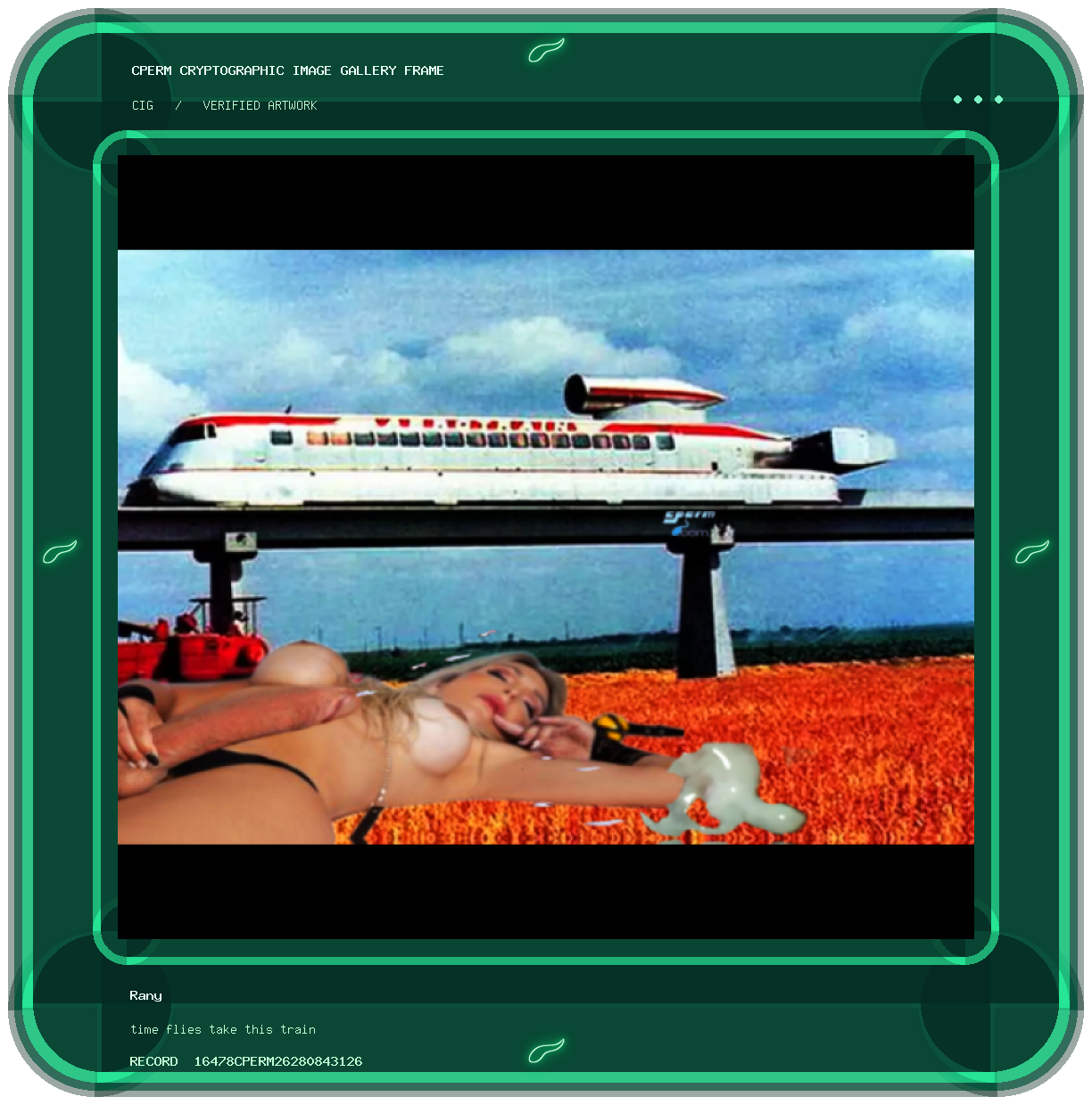 Rany — time flies take this train framed cryptographic artwork
