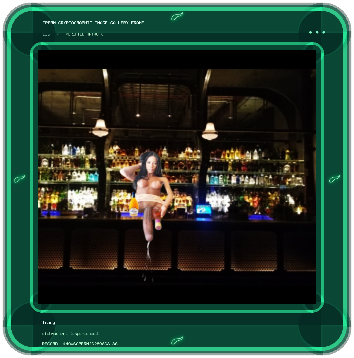 Tracy — dishwashers (experienced) framed cryptographic artwork