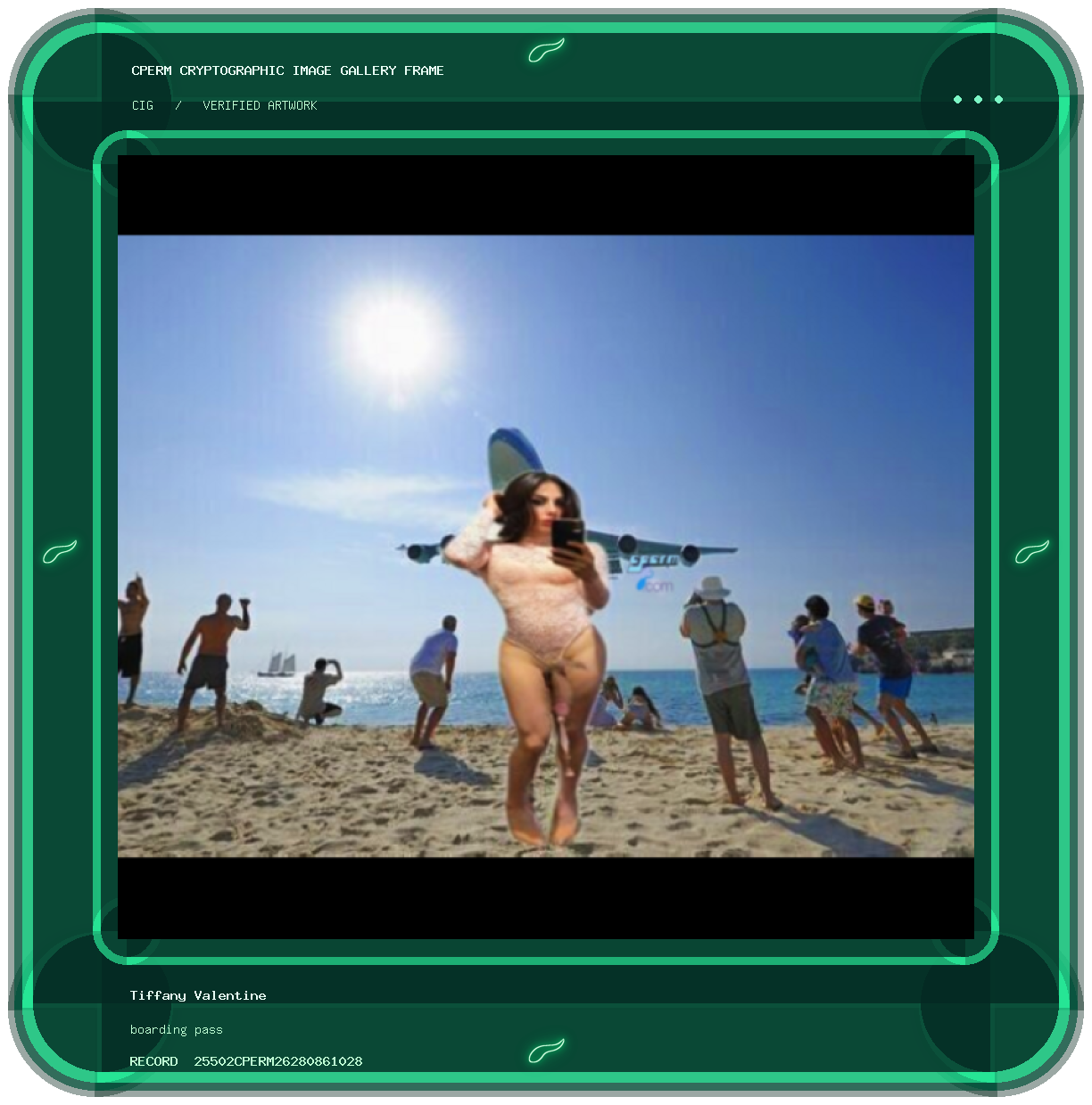 Tiffany Valentine — boarding pass framed cryptographic artwork
