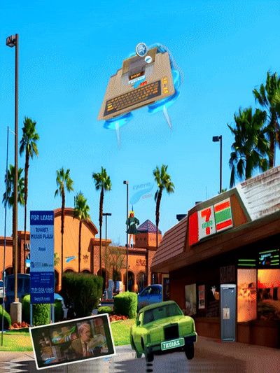 Composite hero: Atari-400 in flight over Sunset–Pecos with WPA visual marks and 7-Eleven frontage.